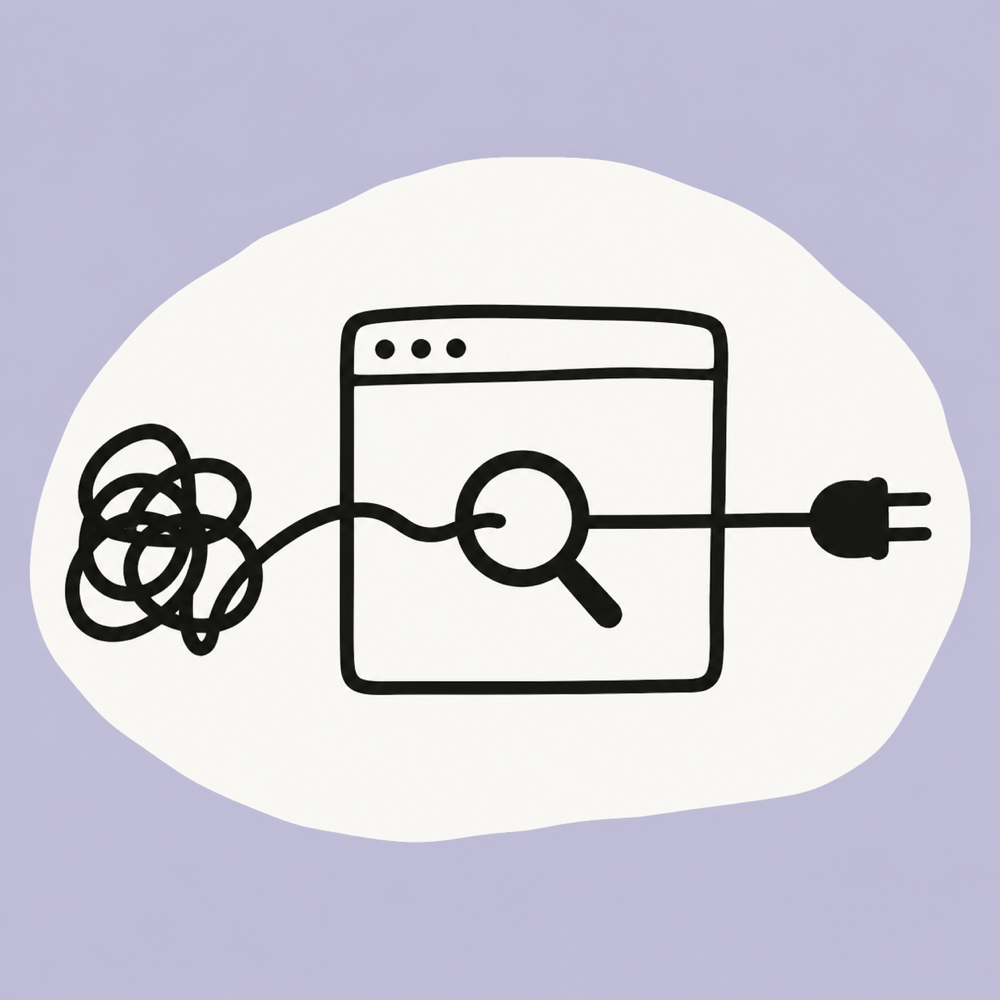 Hand-drawn tangled debugging cable becoming a clean connected path