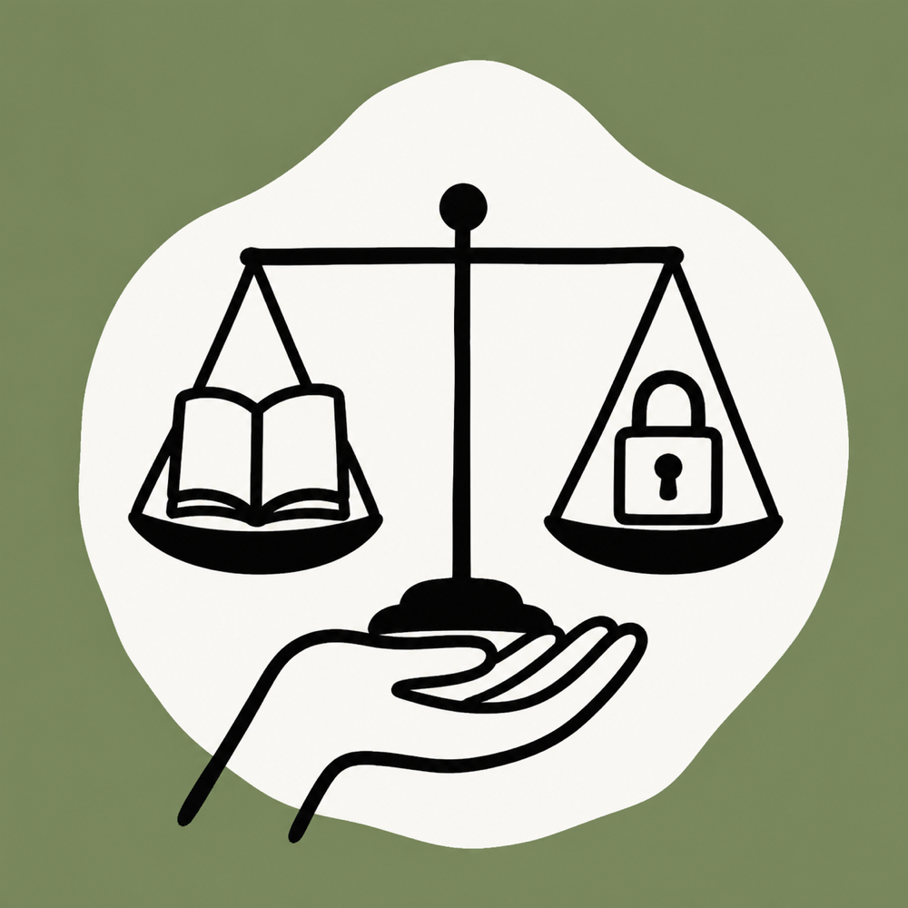 Hand-drawn balance holding an open book and a lock