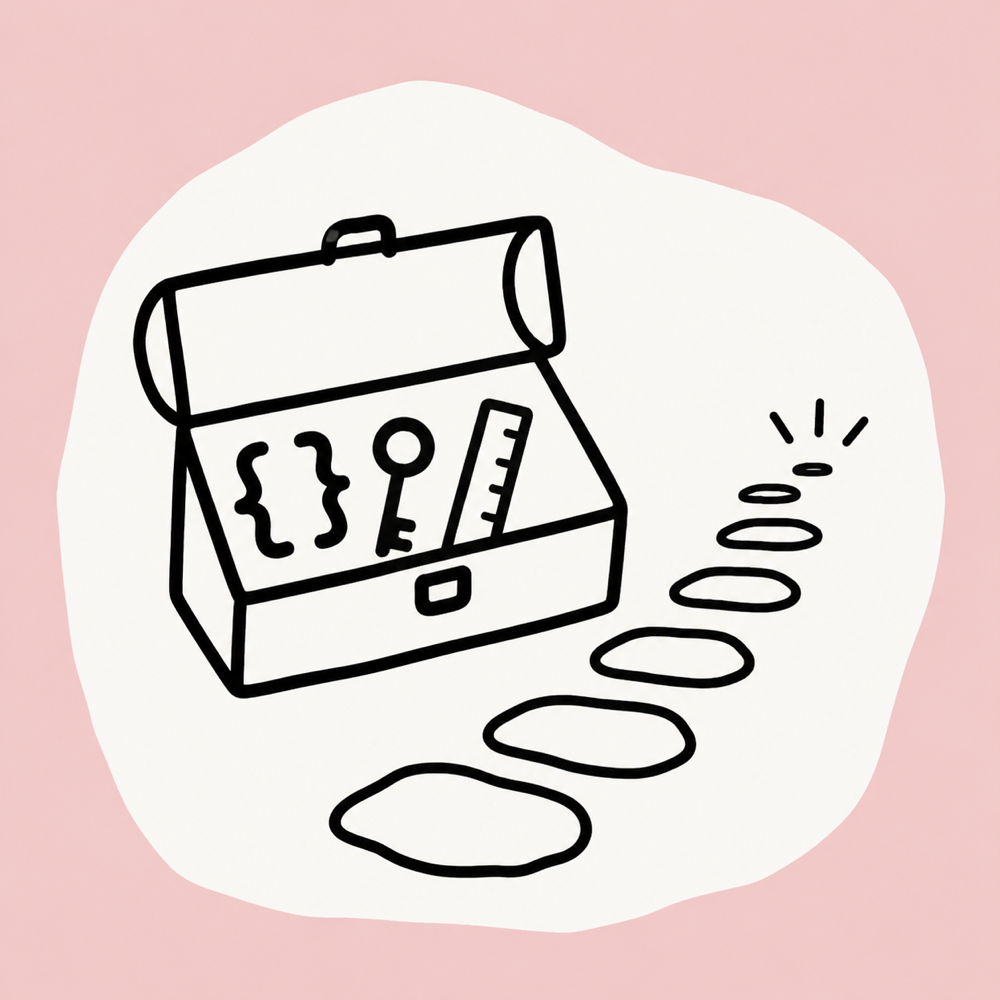 Hand-drawn programming toolbox beside a path of stepping stones