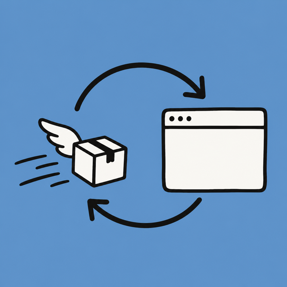 Hand-drawn winged software package moving through an update loop
