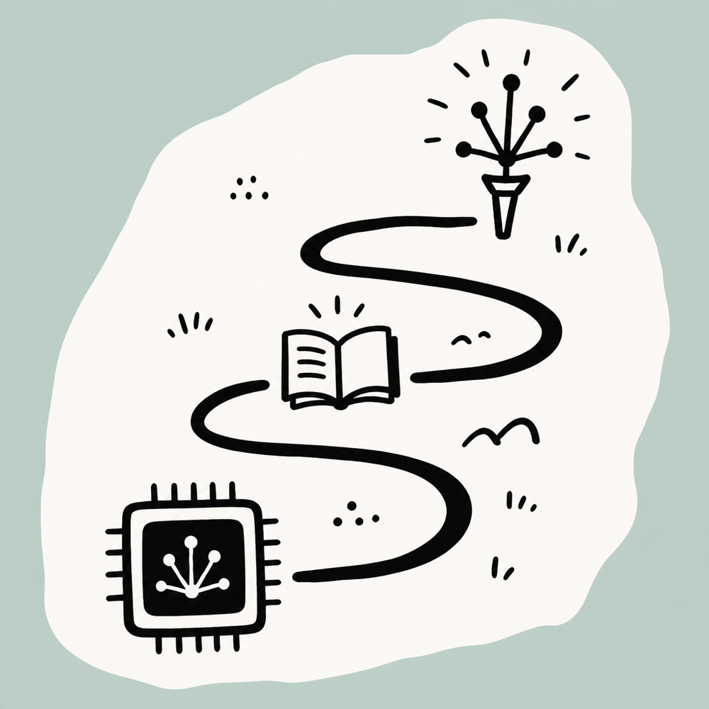 Hand-drawn learning path from a chip through a book to a spark